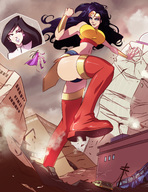 breasts drawing giantess panties city mega black_hair color long_hair destruction blue_eyes rampage skirt buildings superhero giganta gloves boots belly bus skyscraper vehicles fist lois_lane wonder_woman cape top belt leotard raised_foot bracelet tiara bellybutton looking_at_tiny dc_comics angelgts bare_legs cutaway bare_midriff fusion earthbreaker