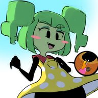 drawing blushing upskirt blonde color long_hair clothed princess_peach fang low_angle green_hair dress shrunken_woman teasing open_mouth super_mario_bros green_skin looking_at_tiny fupoo mimi_(super_paper_mario) super_paper_mario dottie