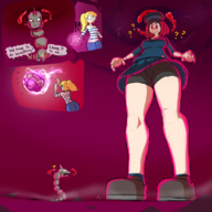drawing giantess pokemon upskirt color large_breasts clothed skirt red_eyes shocked red_hair shorts looking_down thighs outdoors hat dialogue bare_legs fupoo sweat_drop dynamax rip_(fupoo) onyx