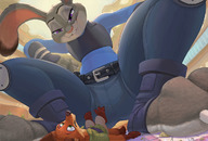 drawing growth giantess color clothed green_eyes purple_eyes low_angle paws uniform looming between_legs rabbit_girl disney belt teaselbone looking_at_tiny meister_li judy_hopps zootopia nick_wilde police_officer