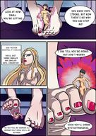 drawing nude comic long_hair barefoot soles shrinking angry shrunken_man looking_down between_toes dialogue panels