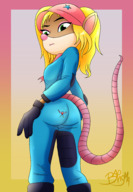 drawing furry tail anthro blonde color long_hair butt low_angle twintails unaware shrunken_man looking_down looking_back no_background stuck_to_butt skintight_clothing barasma crash_bandicoot_(series) pasadena_opossum koala_kong