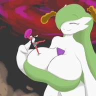 drawing gentle giantess white_hair pokemon furry color clothed cleavage huge_breasts smiling green_hair dress gardevoir standing closed_eyes commission poking red_skin on_breasts pale_skin one_eye_covered dynamax tsukoex lime-knight alexis_(lime-knight)
