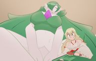 drawing gentle giantess pokemon furry blonde color large_breasts long_hair clothed low_angle smiling green_hair sitting gardevoir closed_eyes commission hairbrush closed_mouth one_eye_covered sihagen lime-knight alexis_(lime-knight)