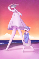 drawing gentle pokemon furry blushing color large_breasts clothed beach ocean blue_hair chibibiscuit yellow_eyes green_hair dress mini_giantess gardevoir walking sand outdoors sunset commission seaside looking_at_tiny pale_skin chloe_(gardevoir) gardi drawinggardi