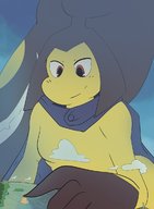 drawing giantess pokemon furry anthro color ocean buildings red_eyes smiling small_breasts mawile looking_down clouds outdoors commission islands cosmic_giantess pressing sihagen ameliamawile