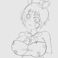 drawing monochrome large_breasts cleavage short_hair unknown_artist looking_down entrapment hat inside_clothing no_background between_breasts five_nights_at_freddys