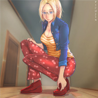drawing blonde color large_breasts butt blue_eyes clothed cleavage glasses shoes squatting reaching shrunken_man indoors jacket a_weekend_alone jean_jacket valerie_bradson picojin neil_proctor