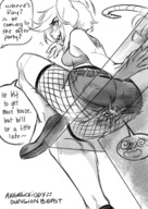 drawing furry blushing anthro monochrome text butt_crush sitting shorts glass fishnets shrunken_man sketch flats mouse_girl see_through skimpy_clothing angelickiddy
