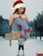 giantess collage panties blonde long_hair high_heels stockings sitting looking_down outdoors sign santa_hat sfxhh3