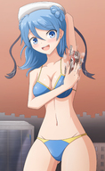 bikini blushing large_breasts long_hair cleavage blue_hair smiling looking_down armpits