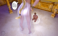 long_hair ponytail kneeling shrunken_man looking_up indoors dialogue hands_on_hips digital_render kyliegod