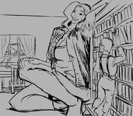 drawing monochrome large_breasts clothed smiling mini_giantess sitting looking_down indoors book cramped a0040pc