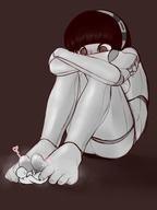 drawing gentle nude feet blushing robot penis toes barefoot anime sweat short_hair unknown_artist foot_play shrunken_man smelly shy looking_at_tiny va-11_hall-a dorothy_haze