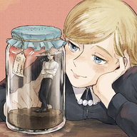 drawing blonde color blue_eyes clothed anime smiling caught shrunken_man teasing trapped jar jewelry in_jar attack_on_titan looking_at_tiny eren_yeager enko christa_renz