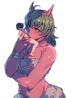 drawing gentle nude horns color blue_eyes handheld anime demon brunette oni blowjob shrunken_man mouth_play red_skin skimpy_clothing looking_at_tiny pointed_ears bow999