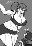 drawing monochrome cleavage huge_breasts muscles looking_down tattoo scar no_background warhammer_40k sexualyeti