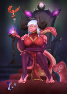 drawing white_hair vore large_breasts long_hair handheld barefoot cleavage blood smiling shrunken foot_crush sharp_teeth red_skin maou stirrups micwhyss kiyoshi2431 yuusha