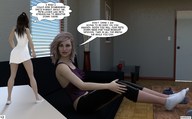 blonde long_hair multiple_sizes socks sitting shrunken_woman shrunken_man indoors looking_back dialogue digital_render aaabbbzzz
