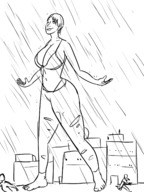 drawing giantess city monochrome large_breasts barefoot wet smiling short_hair walking rain looking_up outdoors bikini_top caiman2 quiet_(metal_gear) metal_gear