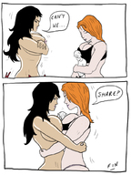 drawing black_hair long_hair cleavage red_hair mini_giantess looking_down giantesses hugging freckles dialogue no_background ironmate