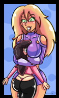 drawing blushing blonde long_hair brunette smiling mini_giantess looking_down hugging big_butt between_breasts
