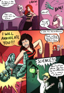breasts drawing giantess white_hair city mega blonde comic black_hair color large_breasts long_hair robot destruction cleavage buildings brunette red_hair muscles fighting giantesses mask scientist leaning clone freckles costume sisters top goggles dialogue lab_coat mary_jane black_cat spider-man marvel_comics the_wasp beetle bare_midriff caiman2 earth_20052 peter_parker felicia_hardy hair_streak red_wasp alicia_joy ben_reilly