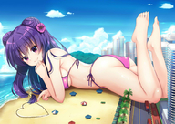 bikini drawing giantess city mega color long_hair beach ocean buildings purple_hair purple_eyes smiling camel_toe street lying_down sand vehicles clouds outdoors sky looking_at_viewer shampoo bare_back bare_legs bare_midriff ranma_1/2 heart_shape agung_syaeful_anwar bare_thighs abrefoot