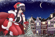 drawing gentle giantess city black_hair color large_breasts long_hair clothed buildings yellow_eyes smiling christmas looking_down snow pants night outdoors santa_costume stars christmas_tree aliessa crescent_moon