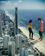 giantess collage city black_hair long_hair giant male beach buildings asian sandals looking_down outdoors crowds kyoujingirls