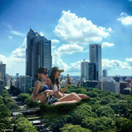 giantess collage asian sitting laughing sunglasses giantesses drinking outdoors hat kyoujingirls