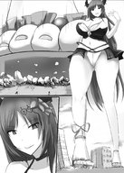 drawing giantess crush panties monochrome long_hair destruction toes huge_breasts smiling sandals looking_down shoe_crush outdoors exrumya bare_midriff