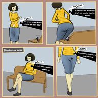 drawing comic clothed skirt butt_crush brunette short_hair sitting shrunken_man looking_down dialogue panels stuck_to_butt persona persona_5 sadayo_kawakami ren_amamiya zen7185