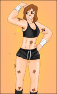giantess long_hair bandages brunette sweat smiling muscles shrunken_man looking_down flexing tinies no_background armpits jhonair