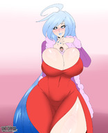 drawing blushing long_hair blue_hair huge_breasts smiling looking_down thick_thighs no_background okioppai between_breasts
