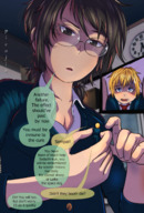 drawing handheld glasses brunette story short_hair shrunken_man looking_down between_fingers dialogue pinched cutaway