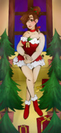drawing large_breasts clothed handheld cleavage brunette smiling christmas sitting shrunken_man indoors on_shoulder hair_bun terenachen