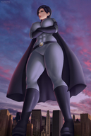 drawing giantess city black_hair large_breasts clothed buildings short_hair boots muscles outdoors cape arms_folded skintight_clothing flowerxl