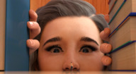 long_hair brunette surprised shrunken_man looking_down indoors book boomgts digital_render