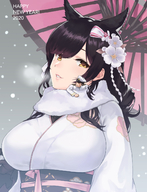 drawing gentle black_hair color large_breasts long_hair clothed cat_ears teston yellow_eyes smiling kimono shrunken_man snow outdoors scarf parasol looking_at_tiny kantai_collection atago flower_in_hair azur_lane