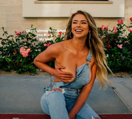 collage blonde large_breasts long_hair topless smiling sitting shrunken_man hoop_earrings on_knee