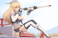 drawing giantess upskirt blonde color large_breasts water tree thighs cleaning thigh_highs cannon dock kantai_collection iowa ncmares yohomeboync yohomeboyraps