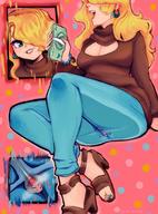 drawing blonde large_breasts long_hair cleavage butt_crush smiling sitting sandals toe_ring earrings panels money keyhole_sweater on_kinky