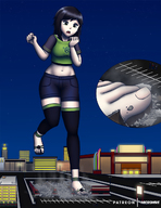 drawing black_hair long_hair destruction sandals surprised walking looking_down outdoors micromike cutaway bare_midriff echo