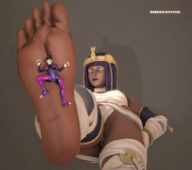 black_hair clothed toes barefoot bandages soles egyptian street_fighter foot_crush animation shrunken_woman looking_down cruel dark_skin under_foot jewelry juri juri_han skimpy_clothing looking_at_tiny digital_render skintight_clothing smexy-nation menat