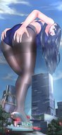 drawing giantess panties city black_hair color large_breasts long_hair destruction bra stockings yellow_eyes bending_over looking_down bigsis_iyashi