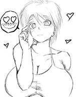 drawing blushing monochrome handheld cleavage huge_breasts smiling short_hair heart shrunken_man no_background makoxsaeko