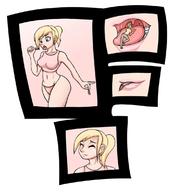 vore blonde comic large_breasts smiling ponytail shrunken_man open_mouth swallowed closed_eyes big_butt panels jj-psychotic throat_bulge bare_midriff