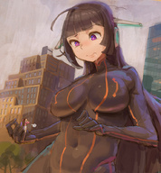 drawing giantess black_hair large_breasts long_hair handheld saliva surprised looking_down kazo skintight_clothing