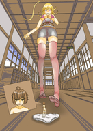 drawing panties blushing blonde large_breasts long_hair cleavage stockings underboob walking looking_down raised_foot